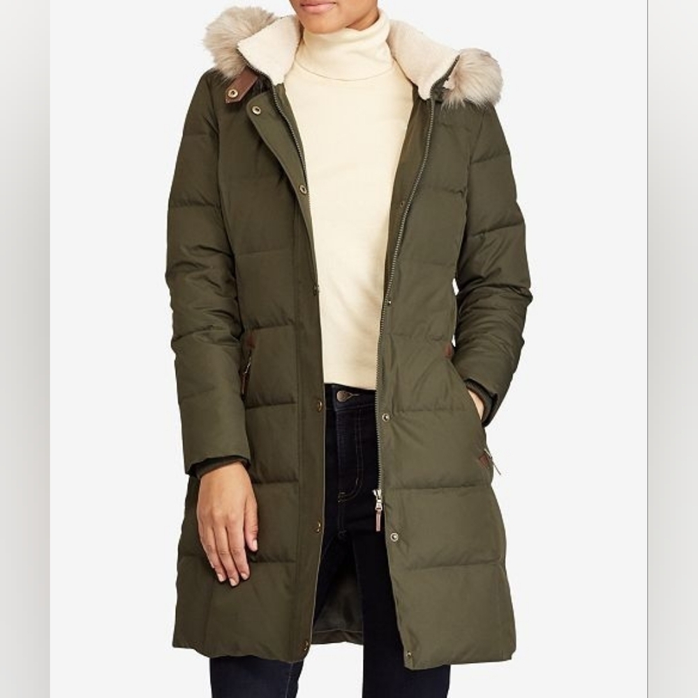 Ralph Lauren Sz 4-6 Long Khaki Down quilt hood Zip fur winter jacket pre-owned